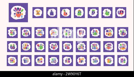 Schlichte Kollektion mit Illustrationen aus Kreaturen und Blättern im auffälligen Stil für Kinder mit lustigem Grafikdesign. Skurrile bunte Vektorzeichnung im fröhlichen Folklore-Stil Stock Vektor