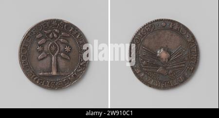 Schutterij van Grootebroek, Anonym, Silbermedaille 1689. Vorderseite: Baum mit Zweigen geflochten; in Elips Stern durch Zweige gebildet; auf beiden Seiten: Sterne in Kerschrift. Rückwärts: Kopf in der Pipeline Wapentuit innen Abdeckung Grootebroek Silber (Metall) auffällig (Metallverarbeitung) Grootebroek Stockfoto