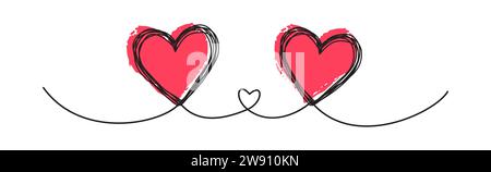 Banner mit verwickeltem, grungy Heart kritzelt Hand gezeichnet mit dünner Linie und roten Herzen, Trennwand-Form. Isoliert auf weißem Hintergrund. Vektor-Illustration Stock Vektor