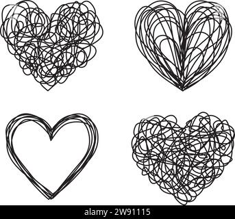 Set aus vier verworrenen grungy Heart Scribbles handgezeichnet mit dünner Linie. Isoliert auf weißem Hintergrund. Vektorabbildung Stock Vektor
