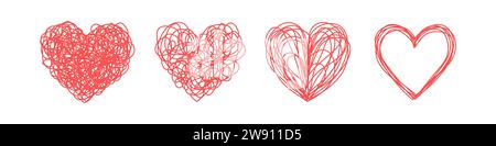 Set aus vier verworrenen grungy Heart Scribbles handgezeichnet mit dünner Linie. Isoliert auf weißem Hintergrund. Vektorabbildung Stock Vektor