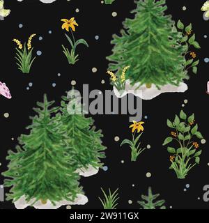 Fichte. Nahtloses Muster mit Weihnachtsbäumen. Weihnachtsbaum im Wald mit Blumen und Büschen. Stockfoto