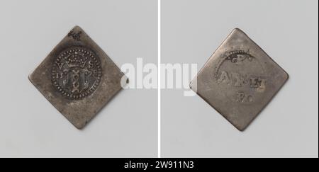 Fünf Cent, Notmünze aus Amsterdam, geschlagen während der Belagerung von der städtischen Silber, Anonym, 1578 Münze. Belagerungsmünze diamantförmig. Vorderseite: Zwei Marken übereinander; von unten nach oben: Mint-Meister: Feuereisen; Stadtwappen: Gekröntes Wappen zwischen dem Jahr; links von Kroon Buchstabe V, rechts Buchstabe S innen Round Pearl Edge. Rückseite: Inschrift in Lauwerkrans Amsterdam Silber (Metall) markant (Metallverarbeitung) Amsterdam Stockfoto