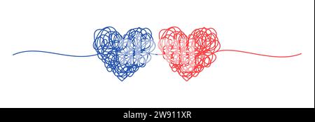 Zwei verschlungene Herzen, rosa und blau, handgezeichnet, mit dünner Linie, Trennlinie. Isoliert auf weißem Hintergrund. Vektordarstellung Stock Vektor