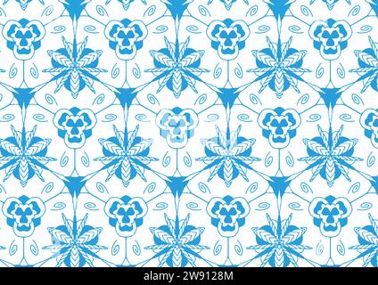 Ein nahtloses, sich wiederholendes Muster aus zierlichen Blüten mit zarten Blütenblättern und Blattstielen vor einem strahlend weißen Hintergrund. Stock Vektor