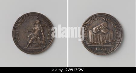 Reformierte Diakonie in Amsterdam, eine Spur, die den neu angekommenen Diakonen und Diakonen, Martin Holtzhey, 1741 Silbermedaille geschenkt wurde. Vorderseite: Arme Frau, mit gespreizten Händen auf Stein, auf dem Kopf eine Taube, auf den Schultern eine Joch und neben ihr ein Lamm im Inneren; Schnitt: Unterschrift. Rückseite: Zwei Brote, von denen die oberen Buchstaben eine Rutsche tragen, liegen auf dem Tisch, der drinnen mit anmutigen Teppichen bedeckt ist; Schnitt: Jahr Amsterdam Silber (Metall) markant (Metallverarbeitung) Amsterdam Stockfoto