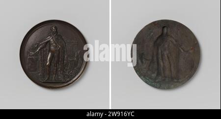 Einweihung von Wilhelm I. Friedrich als König der Niederlande, Anonym, 1815 einseitige Platte im Hochrelief. Vorderseite: Porträt von Willem Frederik, in Hermelin gekleidet, mit der rechten Hand auf heds und mit der linken Hand in Richtung seines Stehtisches gerichtet, auf dem Küsse mit Zepter und Krone liegen; im Hintergrund rechts: Thron, an dem sich das Reverse Horn reichlich lehnt. Rückseite: Blanco Bronze (Metall) Guss Brüssel Stockfoto