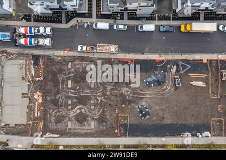 Luftaufnahmen über einer Baustelle von Wohngebäuden Stockfoto