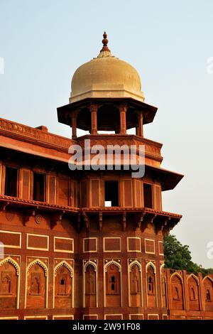 Carving Details an der Außenwand von Jahangir Mahal, Red Fort, Agra, Uttar Pradesh, Indien Stockfoto