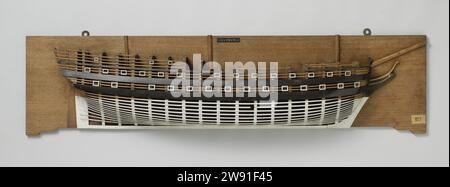 Halbmodell eines Linienschiffs mit 90 Kanonen, anonym, ca. 1799 Schiffsmodell. Halbmodell. bauherstellermodell Polychromatiertes Formmodell (Steuerbord) eines Dreimastes. Fünfunddreißig Geschütztore verteilt auf drei Decks; Backdeck mit Gillingen und ohne Tore. Willensspiegel, Hol Wulf, kein Zaun oder Seitengalerie; das Ruder fehlt. Ziemlich flache Belagerung, zwei Bergwälder und ein Reehout. Ziemlich flaches Unterwasserschiff. Maßstab 1:55 (abgeleitet). Niederlande Holz (Pflanzenmaterial) Stockfoto