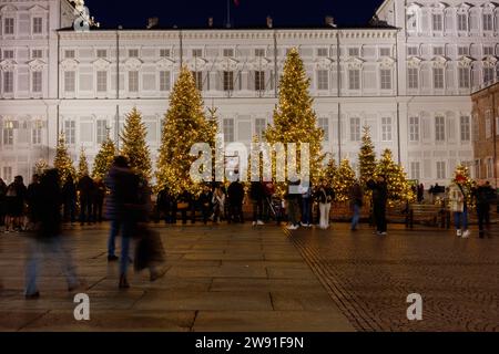 Turin, Piemont, Italien - 22. Dezember 2023: Der kleine Platz vor dem Königspalast, der nachts mit Weihnachtsbäumen geschmückt ist. Stockfoto
