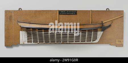 Halbmodell einer Brig mit 14 Kanonen, anonym, ca. 1780 - ca. 1820 Schiffsmodell. Halbmodell. bauherstellermodell Polychromatiertes Formmodell (Steuerbord) eines zwei-Mast. Sieben Kanonenanschlüsse auf einem Deck. Gewlen Spiegel, Hol Wulf, geschlossenes Tor, keine Seitengalerie; gerade mit quadratischem Rührkönig. Segeln Sie nach vorne und hinten leicht ansteigend, ein Rindenholz und ein Reehout. Sie haben einen Höhepunkt erreicht. Skala ca. 1:48 (abgeleitet). Niederlande Holz (Pflanzenmaterial) Stockfoto