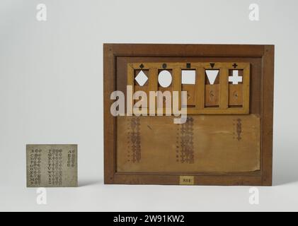 Modell eines optischen Telegraphen, anonym, anonym, ca. 1795 - ca. 1816 Demonstrationsmodell. Anweisungsmodell Modell eines optischen Telegraphen mit Code. Das Telegraaf besteht aus einer Holzplatte mit fünf verschiedenen ausgesägten Formen in einer Reihe, die mit vertikal beweglichen Holzschiebern abgedeckt werden kann; ihre Bewegung wird durch Gewichte in den Rahmen gesteuert. Der Code wird zweimal geliefert: Einmal auf einem Stück Papier am Boden der Telegrafentafel, einmal auf einer separaten weiß lackierten Tafel. Der Code gibt die Signalkombinationen für die Buchstaben des Alphabets an. Vereinigtes Königreich Holz (pflanzliches Material). bhs Stockfoto