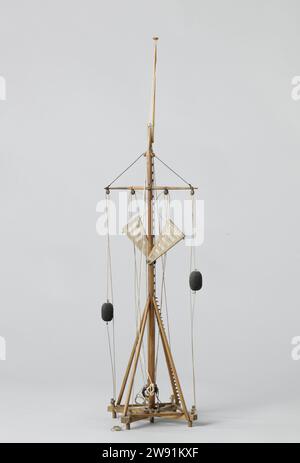 Modell eines Batavian Coastal Telegraph, anonym, um 1798 - um 1800 Demonstrationsmodell Modell eines optischen Telegraphen. Es besteht aus einem gedeckten Mast mit einem Ra und einem Fahnenstich. Eine der vier Zahnspangen ist mit Sportarten versehen, um den Mast zu besteigen. Mit Hebezeugen an der RA werden zwei Hohlräume oder Flügel mit Textil zur Hälfte durch den Mast bewegt, und zwei Kugeln an den Enden der RA werden nach oben und unten angehoben. Niederländisches Holz (pflanzliches Material). Messing (Legierung). Textilmaterialien. Seil Stockfoto