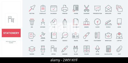 Büro Schreibwaren dünne schwarze und rote Linien Symbole setzen Vektor-Illustration. Darstellung des Geschäftsdiagramms zu Präsentations- und Kalendersymbolen, Datei in Ordner und Papierdokumenten, Laptop und Schreibtisch, Teetasse Stock Vektor