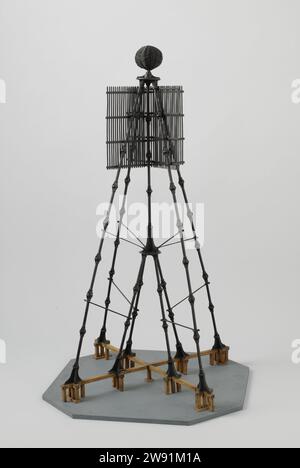 Modell eines Land Beacon, Rijkswerf Willemsoord, ca. 1850 - ca. 1855 Vorführmodell Holzmodell eines Eisens, schwarz lackiert und auf einem Bodenbrett. Der Rahmen besteht aus Rundeisen mit flachen Scheiben an den Enden, die miteinander verschraubt sind; das ganze ist mit Zugstangen verstärkt. Es hat vier Außenbeine und vier Innenbeine, die auf einem Holzkreuz liegen, das sich auf der Stelle der Beine befindet. An den oberen zwei Kreuzwänden aus Leisten; ganz oben auf einem runden Korb. Den Helder Holz (Pflanzenmaterial). Lack (Beschichtung) Stockfoto