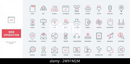 Symbole für Webservices, Anwendungsnutzung und Codierungszeile festgelegt. Datenübertragung und -Speicherung, Aktualisierung und Upload für Informationen, Systemsicherung und E-Mail dünne schwarze und rote Umrisssymbole, Vektorgrafik Stock Vektor