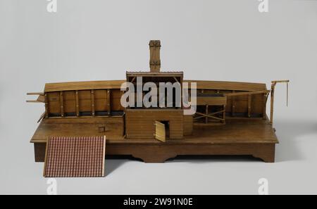 Modell eines Ofens mit einem Kesselhaus, anonym, ca. 1800 - ca. 1850 Demonstrationsmodell Polychromatiertes Modell eines Holzeintopfs oder einer Dampfbox auf einem Bodenbrett. Das Wasser wird von einer Pumpe in einen Behälter gepumpt, von wo aus es zum Kesselhaus gesäumt wird. In der Hütte wurden zwei Kessel mit darunter liegenden Öfen in einem Ziegelbau mit doppeltem Kamin gebaut. Es gibt einige sparsame Möbel, ein Boxbett mit einer Matratze vor dem Stoker und eine Treppe, die zu einem nicht vorhandenen Dachboden führt. Die Kessel versorgen die Dampfbox mit zwei über den anderen Räumen liegenden Räumen: Ein Wasserkocher versorgt beide Räume, der andere nur den Stockfoto