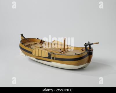 Modell eines Kanonenbootes, anonym, ca. 1800 - ca. 1825 Schiffsmodell. Rumpfmodell. Demonstrationsmodell baut das Traversmodell des Rumpfes eines einteiligen Kanonenbootes mit flachem Boden auf, teilweise schwarz-weiß lackiert. Es hat ein Stück vor einem Tor unter dem Bugspriet und zwei kleine Stücke an den Seiten dahinter. Das vordere Deck unter dem Geschützstück ist mit Dielen in der Breite verstärkt. Rundbogen und Heckblech, breites Ruder mit Krawattenstange über Deck. Auf dem Deck und zwei Schuppen; unter dem Schild Leave but Wased. Der Bohranlage sind von Teilen des Mastes und des Bugspriets, einem Überlauf für die Zucht und einem für die angezeigt Stockfoto