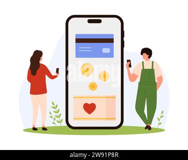 Charity Mobile App, humanitäre Hilfskampagne von Community Vector Illustration. Cartoon kleine Leute spenden online per Telefon, Freiwillige geben Geld Stock Vektor