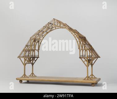 Model of Part of the Roof of a Covered Slipway, P. Dockheer, J. de Haan, 1850 - 1860 Demonstrationsmodell eines Schiffshaubenbaumodells über die Länge von drei Traversen, auf einem Bodenbrett. Die Abdeckung wurde weggelassen. Das Gebäude verfügt über ein Mansardendach mit Dachleuchten; innen befindet sich ein Tonnengewölbe mit einem erhöhten Laufgang unter dem äußeren Dachteil auf beiden Seiten. Rijkswerf (Vlissingen) (möglicherweise) Holz (Pflanzenmaterial). Messing (Legierung) Stockfoto