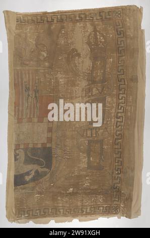 Fragment einer Schiffsflagge, anonym, 1570 - 1630 Schiffsflagge eine Hälfte einer spanischen Schiffsflagge, auf einer Seite gemalt. Es trägt die Hälfte der spanischen Königswaffe, umgeben von der Kette des Ordens vom Goldenen Vlies; auf der Flugseite auf einem Hügel eine Ionensäule mit kaiserlicher Krone und umgeben von einem Banderol mit der Inschrift. Ein Mäanderband an den Seiten. Die königliche Waffe unterscheidet sich von der von Karl V. und Philipp II. Durch die Jerusalem cruis in der oberen rechten Ecke. Dieser Auszug ist fast identisch mit der vorherigen Ausgabe. Spanien Leinen (Material) Malflagge, Farben (als Staatssymbol, Stockfoto