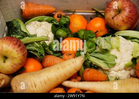 Stockbild einer Kiste mit frischem Obst und Gemüse, einschließlich Karotten, Blumenkohl, Pastinaken, Rosenkohl, Äpfel und Orangen. Bilddatum: Freitag, 22. Dezember 2023. Stockfoto