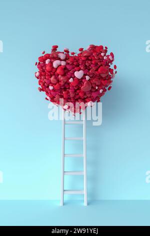 Weiße Leiter, die zum Herzballon vor blauem Hintergrund reicht Stockfoto