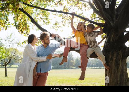 Mann und Frau, die Kinder im Park auf einem Baum sehen Stockfoto