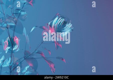 3D-Rendering von Glasrosen vor blauem Hintergrund Stockfoto