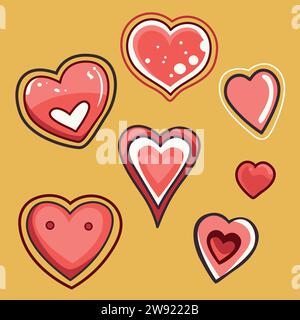 Verschiedene dekorative Herzen, niedlich schönes rotes Rosa auf gelbem Hintergrund. Liebe, Romantik, valentinstag. Hand gezeichnete Clipart, flache Design-Vektor-Cartoon Stock Vektor