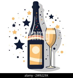 Feier Champagner Flasche und Glas, alkoholisches Getränk, Party, Hochzeit, Urlaub. Glasflasche mit Glitzerglas. Einfaches, minimales flaches Design. Stock Vektor