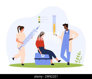 Antivirale Impfstoffinjektion in Krankenhausvektorabbildung. Cartoon winzige Ärzte mit Spritze, Reagenzglas und Patient während der Impfung im Krankenhaus, Stock Vektor
