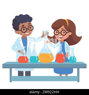 Wissenschaftlerinnen und Wissenschaftler arbeiten mit Glaswaren im Labor. Niedliches wissenschaftliches Forschungskonzept. Kindercartoon, flaches Design Vektor-Illustration. Stock Vektor