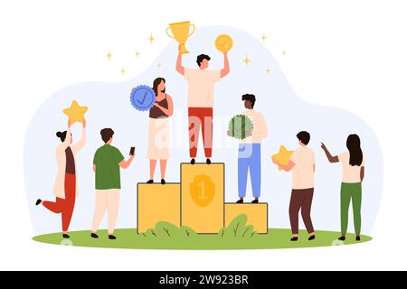 Podium für Gewinner mit Vektorillustration für Achievement Awards. Trickfilm gewinnt winzigen Mann auf dem Sockel, der den Sieg mit Pokal und Goldqualität feiert, Anerkennungspreise und Stars von Menschen Stock Vektor