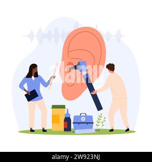 Ohrgesundheit, HNO-Aryngologie-Kontrollvektorillustration. Cartoon Tiny People überprüfen das Hören mit Otoskop, Behandlung von Ohrenschmerzen, Infektion und Hörverlust durch HNO-Arzt mit Krankenhausausrüstung Stock Vektor