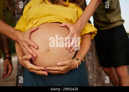 Die Hände von Vater und Sohn berühren den Magen der schwangeren Mutter Stockfoto