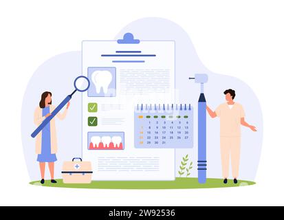 Planung des Zahntermins im Kalender, mobile App. Winzige Leute mit großen Zahnarztausrüstungen treffen Patienten in Zahnarztpraxis für Reinigung und Kontrolle, Mundhygiene Karikaturvektor Illustration Stock Vektor