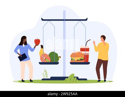 Balance zwischen gutem und schlechtem Junk Food, Ernährungsvergleich und Diätwahl. Winzige Menschen wiegen Fastfood und gesunde Lebensmittel auf Waage, wählen ausgewogene Ernährung für Gesundheit Cartoon Vektor Illustration Stock Vektor