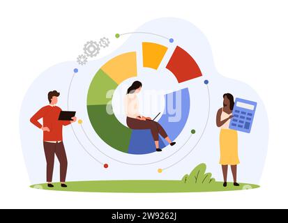 Tortendiagramm-Recherche, Infografik-Vektorillustration für Geschäftspräsentationen. Cartoon winzige Menschen mit Rechner, Laptop und Tablet arbeiten an der Analyse von Datenstatistiken und Finanzinformationsberichten Stock Vektor