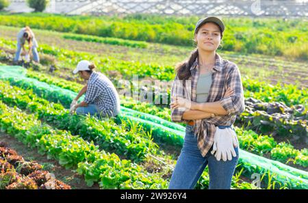 Porträt junger glücklicher Hofbesitzer vor dem Hintergrund des Feldes mit Gemüseernte Stockfoto