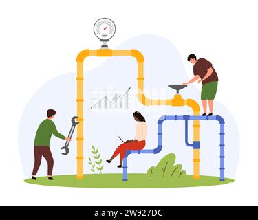 Sicherheitsinspektion für Gas- und Ölleitungen. Winzige Leute steuern Fluss von Flüssiggas mit Ventil, Arbeiter der Wartung Service Test und Reparatur Leck von Station Ausrüstung Cartoon Vektor Illustration Stock Vektor