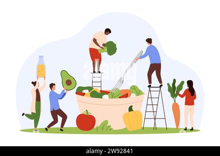 Kochen Sie gesunde vegetarische Lebensmittel in der Küche. Winzige Leute, die Gemüse und Flasche Olivenöl Dressings halten, um Salat in der riesigen Schüssel zu kochen, mediterrane Diät Rezept Karikaturvektor Illustration Stock Vektor
