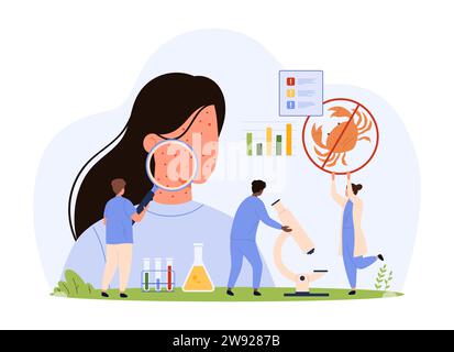 Diagnostik der Nahrungsmittelallergie in der medizinischen Klinik, Meeresfrüchte-Allergen. Winzige Leute mit Lupe überprüfen allergische Symptome, roten Hautausschlag und Jucken der Haut in kranken Frau Patient Cartoonvektor Illustration Stock Vektor