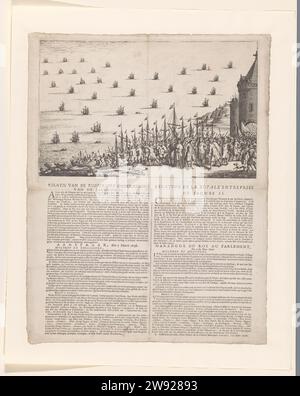 Ankündigung eines gescheiterten Mordanschlags auf König Wilhelm III., 1696, Daniel de Lafeuille (zugeschrieben), 1696 Druck der getriebene König Jacobus II. Im französischen Exil bereitet sich auf die Segel nach England vor, falls der Mordanschlag auf König Wilhelm III. Erfolgreich ist. Kriegsschiffe auf See und im Vordergrund eine Armee, die sich aufmacht. Recht auf Würdenträger, wahrscheinlich Ludwig XIV. Und Jakob II Rechte Verteidigungstürme und ein Teil der Küste. Auf dem Blatt unter der Platte eine Beschreibung des Kollot und eine Rede von König Wilhelm III. Am 5. März 1696, in der er den gescheiterten Mordversuch an ihm ankündigt. Text in zwei Spalten auf Niederländisch Stockfoto