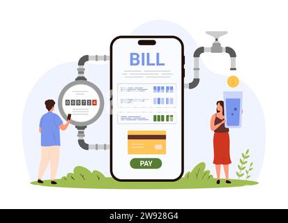 Stromrechnungen in Smartphone-App, Economy. Winzige Leute überprüfen Zählerwerte in der mobilen App, um für den Wasserverbrauch zu bezahlen, natürliche Ressourcen und Budget Fonds Cartoon Vektor Illustration zu sparen Stock Vektor
