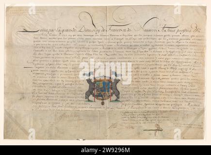 Diplom, in dem Lodewijk XIV. Cornelis Lampsins zum Baron von Tobago und Ritter des Ordens des Heiligen erhoben wurde Michel, Louis XIV (König von Frankreich), 1662 Pirmen-Zertifikat in schwarzer Tinte mit einer mehrfarbigen Darstellung einer gekrönten Waffe (Cornelis Lampsins) umgeben von einer Ordenskette (St. Michel) und getragen von zwei gekrönten Silberschafen, die jeweils einen blauen Wimpel mit goldenen (französischen) Lilien halten. Unter einem gefalteten Streifen mit drei Unterschriften. Zwei grüne und eine rosa Seidenschnur, aufgebrochen durch das Pergament. Unterzeichnet; M.O.: Louis. Datiert. Inschrift; rechts und in der Mitte. Saint-Germain-en-Laye Seide. Par Stockfoto