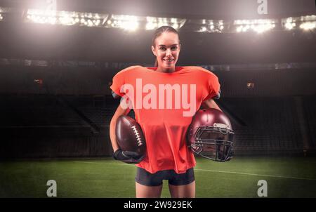 Bild eines Mädchens im Stadion in Uniform eines American Football-Mannschaftsspielers. Sportkonzept. Gemischte Medien Stockfoto