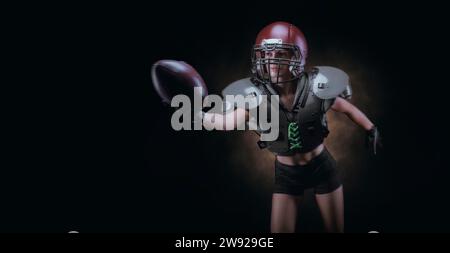Bild eines Mädchens, das mit dem Ball in der Uniform eines American Football-Mannschaftsspielers läuft. Sportkonzept. Gemischte Medien Stockfoto