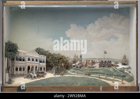 Diorama oder Regierungsplatz in Paramaribo, Gerrit Schouten, 1812 Diorama des Regierungsplatzes von Paramaribo in Suriname. Holzkiste, in der, im Relief, eine Landschaft mit Gebäuden; die Fassade auf dem Platz von Suriname aus dem Südwesten. Im Hintergrund der Suriname River auf dem Schiffe und das Fort Zelandia mit englischer Flagge. Links im Vordergrund der Regierungspalast mit einigen Figuren auf dem Bürgersteig. Eine geschlossene Kutsche mit zwei Pferden für den Bürgersteig. Im Vordergrund ein großer Rasen, auf dem einige Menschen und Kühe stehen. Inschrift: 'A View of the Gouvernment House and Parade Ground Stockfoto